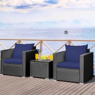 Tangkula 3PCS Rattan Patio Conversation Furniture Set Outdoor W/ Navy Cushions 5 Tangkula 3PCS Rattan Patio Conversation Furniture Set Outdoor W/ Navy Cushions - Image 3