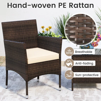 Tangkula 3 Pieces Patio Rattan Furniture Set Outdoor Conversation Set With PE Wicker Armchairs Tempered Glass Top Coffee Table 6 Tangkula 3 Pieces Patio Rattan Furniture Set Outdoor Conversation Set With PE Wicker Armchairs Tempered Glass Top Coffee Table - Image 4