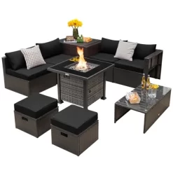 Tangkula 9 Pieces Furniture Set W/ 50,000 BTU Propane Fire Pit Table Patio Black -Tangkula GUEST 53d0d500 b1a0 4ef0 b4f2 2f74519792c3