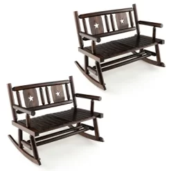 Tangkula 2PCS Carbonized Wood Rocking Bench Double Rocking Chair For 2 Persons W/ Wide Curved Seat -Tangkula GUEST 542f3eb5 036e 41eb a8a5 71245c5f2cad