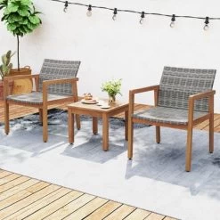 Tangkula 3 Pieces Patio Furniture Set PE Rattan Patio Bistro Set With Chairs & Coffee Table Outdoor Acacia Wood Conversation Set For Garden