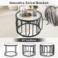 Tangkula 2-Tier 24" Round Coffee Table W/ Oval Swivel Brackets & Reeded Tempered Glass -Tangkula GUEST 54c37458 e8ff 4495 b81d 7ac106580c98