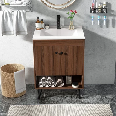 Tangkula 25 Inch Wooden Bathroom Vanity Sink Combo With Open Shelf & Sink & Pop Up Drain 4 Tangkula 25 Inch Wooden Bathroom Vanity Sink Combo With Open Shelf & Sink & Pop Up Drain - Image 2