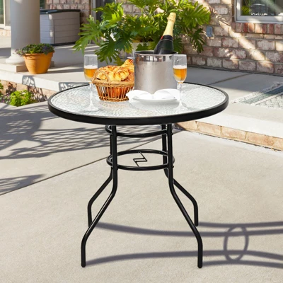 Tangkula Patio Round Table Patio Furniture Steel Frame Dining Table W/ Glass Top 4 Tangkula Patio Round Table Patio Furniture Steel Frame Dining Table W/ Glass Top - Image 2