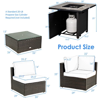 Tangkula 6 PCS Patio Wicker Furniture Set With 30" Gas Fire Pit Table 50,000 BTU Black/Red/Turquoise/Navy/White Cushions 10 Tangkula 6 PCS Patio Wicker Furniture Set With 30" Gas Fire Pit Table 50,000 BTU Black/Red/Turquoise/Navy/White Cushions - Image 8