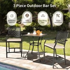 Tangkula 3 Piece Patio Bar Bistro Set, Outdoor Bar Height Stool & Table Ergonomic Seat W/ Comfortable Cushion Reinforced Steel Structure -Tangkula GUEST 55e2fe21 b206 4b0b 98a8 937aeaba07e6