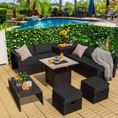 Tangkula 9 Pieces Outdoor PE Rattan Wicker Sectional Sofa With 42" Gas Fire Pit Table Space-Saving Patio Conversation Set With Storage Box Black/Grey/Navy/Red/Turquoise/Off White 4 Tangkula 9 Pieces Outdoor PE Rattan Wicker Sectional Sofa With 42" Gas Fire Pit Table Space-Saving Patio Conversation Set With Storage Box Black/Grey/Navy/Red/Turquoise/Off White - Image 2