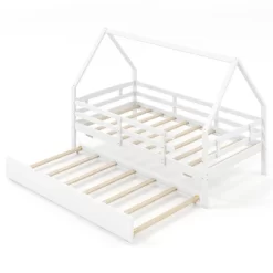Tangkula Twin Size House Bed W/ Trundle Wooden Kids Bed W/ Safety Rails & Decorable Roof 23 Tangkula Twin Size House Bed W/ Trundle Wooden Kids Bed W/ Safety Rails & Decorable Roof -Tangkula GUEST 56d2f512 69da 4368 bf63 3213b7d53deb