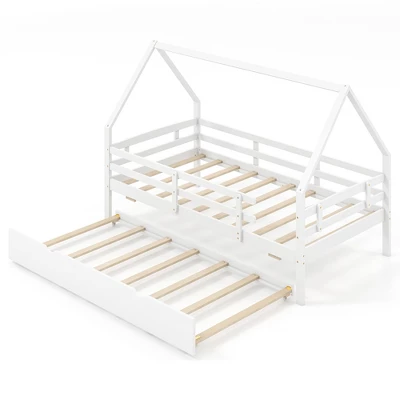 Tangkula Twin Size House Bed W/ Trundle Wooden Kids Bed W/ Safety Rails & Decorable Roof 13 Tangkula Twin Size House Bed W/ Trundle Wooden Kids Bed W/ Safety Rails & Decorable Roof - Image 11