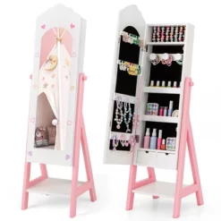 Tangkula Kids Jewelry Armoire Cabinet Freestanding Full Length Dressing Mirror With Large Capacity Pink/White -Tangkula GUEST 570a4971 732a 4040 ab31 7cd53f82efbf
