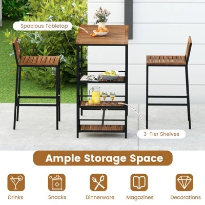 Tangkula 3 Pieces Outdoor Wood Bar Set W/ 3-Tier Storage Shelf & Metal Frame For Backyard 6 Tangkula 3 Pieces Outdoor Wood Bar Set W/ 3-Tier Storage Shelf & Metal Frame For Backyard - Image 4