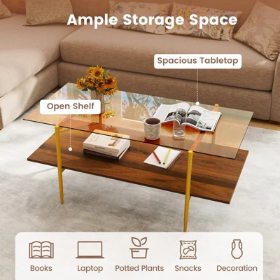 Tangkula 2-Tier Glass Coffee Table W/ Tampered Glass Tabletop & Open Storage Shelf 9 Tangkula 2-Tier Glass Coffee Table W/ Tampered Glass Tabletop & Open Storage Shelf - Image 7