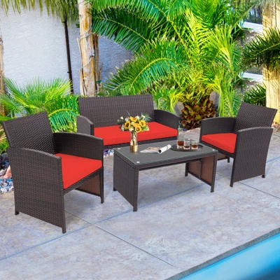 Tangkula 8PCS Outdoor Patio Furniture Sets Weather-Resistant Rattan Sofas W/ Soft Cushion Red 4 Tangkula 8PCS Outdoor Patio Furniture Sets Weather-Resistant Rattan Sofas W/ Soft Cushion Red - Image 2