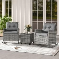Tangkula Set Of 3 Wicker Rocking Set Patio W/ Tempered Glass Table & Soft Cushions -Tangkula GUEST 584f6811 2196 47a9 9bb4 8cdeb4553036