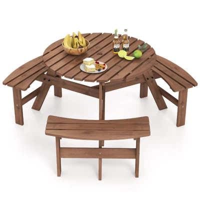 Tangkula 6-Person Round Picnic Table Set W/ 3 Built-in Benches 2" Umbrella Hole 12 Tangkula 6-Person Round Picnic Table Set W/ 3 Built-in Benches 2" Umbrella Hole - Image 10