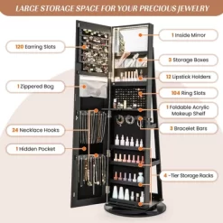 Tangkula 360° Rotating Mirrored Jewelry Cabinet Armoire 3 Color LED Modes Lockable Black -Tangkula GUEST 5acbbf1e 838b 4f74 9d8c a06f130fb07f