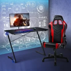 Tangkula Gaming Desk With LED 43.5-Inch Racing Style Computer Desk With Z-Shaped Metal Frame & Carbon Fiber Desktop Ergonomic