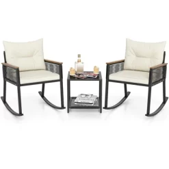 Tangkula 3 PCS Patio Rocking Bistro Set Outside Wicker Rockers W/ 2-Tier Tempered Glass Coffee Table -Tangkula GUEST 5c399577 61f5 404e a118 a7df16a79f05