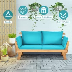 Tangkula Adjustable Patio Sofa Daybed Acacia Wood Furniture W/ Navy & Turquoise Sets Cushion -Tangkula GUEST 5d4c463d 25ec 4750 9763 d2445b1766f5