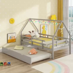Tangkula Twin Size House Bed W/ Trundle Wooden Kids Bed W/ Safety Rails & Decorable Roof 16 Tangkula Twin Size House Bed W/ Trundle Wooden Kids Bed W/ Safety Rails & Decorable Roof -Tangkula GUEST 5d73b4ca 24cd 4e51 ac16 fa9a12f45834