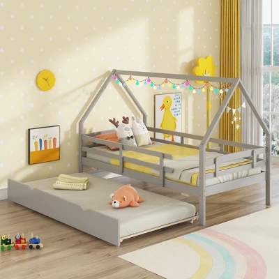 Tangkula Twin Size House Bed W/ Trundle Wooden Kids Bed W/ Safety Rails & Decorable Roof 6 Tangkula Twin Size House Bed W/ Trundle Wooden Kids Bed W/ Safety Rails & Decorable Roof - Image 4