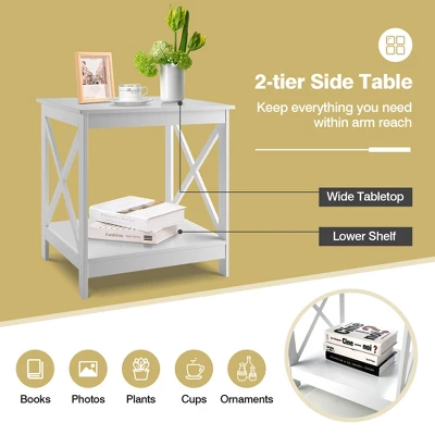 Tangkula Set Of 2 Accent End Table 2-Tier Sofa Side Table Nightstand W/ X-Shaped Frame White 8 Tangkula Set Of 2 Accent End Table 2-Tier Sofa Side Table Nightstand W/ X-Shaped Frame White - Image 6