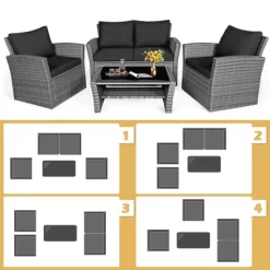 Tangkula 4PCS Patio Rattan Conversation Set Outdoor Furniture Set W/ Black Cushions -Tangkula GUEST 5de3470d eee6 4cea 9628 6d2b2842e1d6