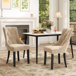 Tangkula Upholstered Dining Chairs Set Of 2 Tufted Wingback Chairs W/ Solid Wood Legs