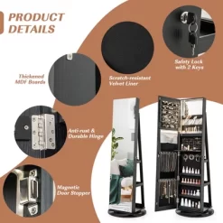 Tangkula 360° Rotating Mirrored Jewelry Cabinet Armoire 3 Color LED Modes Lockable Black -Tangkula GUEST 5e861e7f b88c 4085 b1c5 f723cc422984