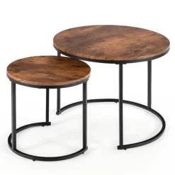 Tangkula 2PCS Stacking Metal Legs Modern Side Round Nesting Coffee Table W/ Wooden Tabletop For Living Room Rustic Brown/Brown -Tangkula GUEST 5f048030 cf68 45cf 80fc 3f89aaaaddcf