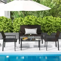 Tangkula 4 Pieces Patio Furniture Set, Heavy Duty Galvanized Metal Frame Outdoor Wicker Table And Chairs Set