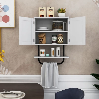 Tangkula Bathroom Wall Cabinet Medicine Storage Cabinet W/ Open Shelf & Towel Bar 6 Tangkula Bathroom Wall Cabinet Medicine Storage Cabinet W/ Open Shelf & Towel Bar - Image 4