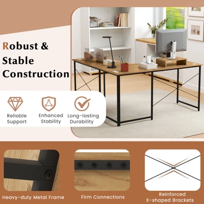 Tangkula L-Shaped Computer Desk With Power Outlets 95” Long 2-Person Desk With Monitor Shelf Modern Corner Desk Gaming Table With USB Ports Natural 8 Tangkula L-Shaped Computer Desk With Power Outlets 95” Long 2-Person Desk With Monitor Shelf Modern Corner Desk Gaming Table With USB Ports Natural - Image 7