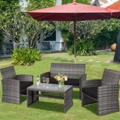 Tangkula 4-Piece Outdoor Patio Furniture Set Rattan Wicker Conversation Sofa Set Black