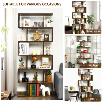 Tangkula 6-Tier S-Shaped Wooden Bookshelf Storage Bookcase Multifunctional Display Stand Shelf 6 Tangkula 6-Tier S-Shaped Wooden Bookshelf Storage Bookcase Multifunctional Display Stand Shelf - Image 5