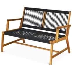 Tangkula 2-Person Outdoor Acacia Wood Bench Patio Loveseat Rope Bench Turquoise/Black -Tangkula GUEST 61aab78d 2a88 4b2e a3cc 0a6cfae922df