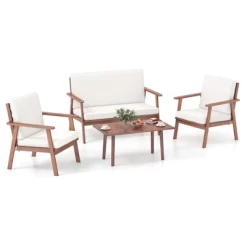 Tangkula 4PCS Conversation Set Acacia Wood Sofa Coffee Table W/ Cushioned Seat Patio