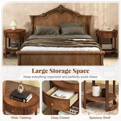 Tangkula 2-Tier Nightstand W/ Shelf & Wood Grains Drawer Round White/Brown 8 Tangkula 2-Tier Nightstand W/ Shelf & Wood Grains Drawer Round White/Brown - Image 6