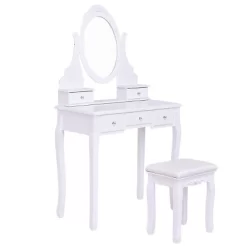 Tangkula Oval Vanity Mirror Dressing Table Beauty Dresser Cosmetics Organizer W/ Cushioned Bench -Tangkula GUEST 6200e8b0 20b8 436f b129 b60a6b107e28