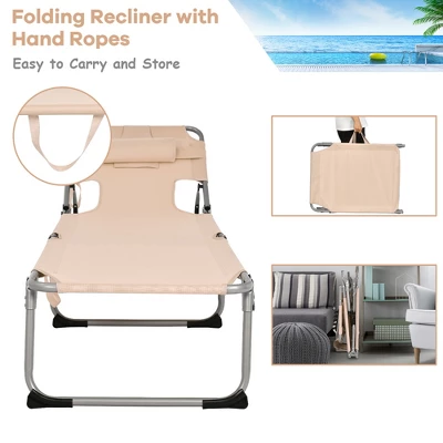 Tangkula Portable Beach Chaise Lounge Chair Folding Reclining Chair W/ Facing Hole Beige 7 Tangkula Portable Beach Chaise Lounge Chair Folding Reclining Chair W/ Facing Hole Beige - Image 5