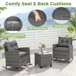 Tangkula Set Of 3 Wicker Rocking Set Patio W/ Tempered Glass Table & Soft Cushions -Tangkula GUEST 6321f001 0f4e 49d8 acd5 97c81e066a9c