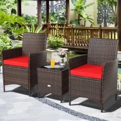 Tangkula 3 Pieces Patio Rattan Conversation Furniture Wicker Chairs With Coffee Table & Cushions Red/Blue/White -Tangkula GUEST 63253b97 ece8 4e0e 9611 b1795fe8867b