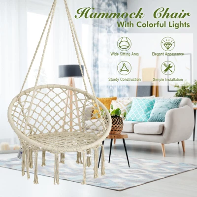 Tangkula Hammock Chair Macrame Swing, Patio Hanging Hammock Chair W/ LED Lights, Hanging Cotton Rope Hammock Swing Chair 7 Tangkula Hammock Chair Macrame Swing, Patio Hanging Hammock Chair W/ LED Lights, Hanging Cotton Rope Hammock Swing Chair - Image 5