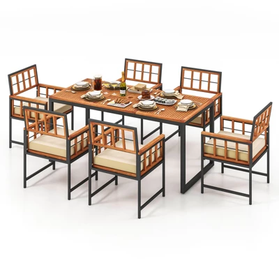 Tangkula 7PCS Dining Set Outdoor Acacia Wood Table W/ Soft Cushions Umbrella Hole Patio 5 Tangkula 7PCS Dining Set Outdoor Acacia Wood Table W/ Soft Cushions Umbrella Hole Patio - Image 3