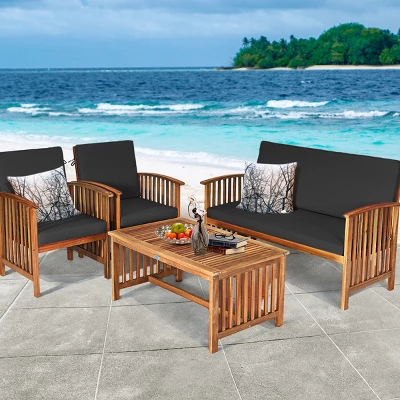 Tangkula 4PCS Patio Acacia Wood Sofa Set Conversation Couch Coffee Table With Cushions 9 Tangkula 4PCS Patio Acacia Wood Sofa Set Conversation Couch Coffee Table With Cushions - Image 7
