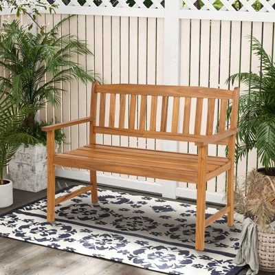 Tangkula 2-Person Outdoor Bench Patio Wooden Bench With Ergonomic Backrest & Armrests All-weather Acacia Wood Frame 43"x 22" 5 Tangkula 2-Person Outdoor Bench Patio Wooden Bench With Ergonomic Backrest & Armrests All-weather Acacia Wood Frame 43"x 22" - Image 3