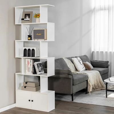 Tangkula 2PCS 6-tier Geometric Bookcase S-shaped Z-shelf Bookshelf Cabinet W/ Doors White 4 Tangkula 2PCS 6-tier Geometric Bookcase S-shaped Z-shelf Bookshelf Cabinet W/ Doors White - Image 2