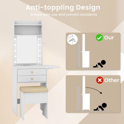 Tangkula Vanity Desk Set W/ Mirror And Lights 3-Color Lighted Mirror Cushioned Stool White 9 Tangkula Vanity Desk Set W/ Mirror And Lights 3-Color Lighted Mirror Cushioned Stool White - Image 7