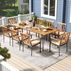 Tangkula 9 PCS Patio Dining Set W/ 8 Chairs Acacia Wood Table Top Umbrella Hole For Yard