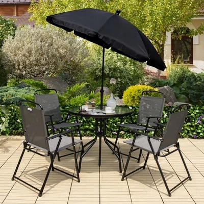 Tangkula 6PCS Patio Garden Dining Set W/ Round Table & 4 Folding Chairs & Umbrella 4 Tangkula 6PCS Patio Garden Dining Set W/ Round Table & 4 Folding Chairs & Umbrella - Image 2